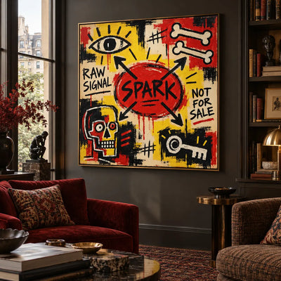 Spark at the Crossroads: artwork on a dark wall beside a red chair and lit shelves