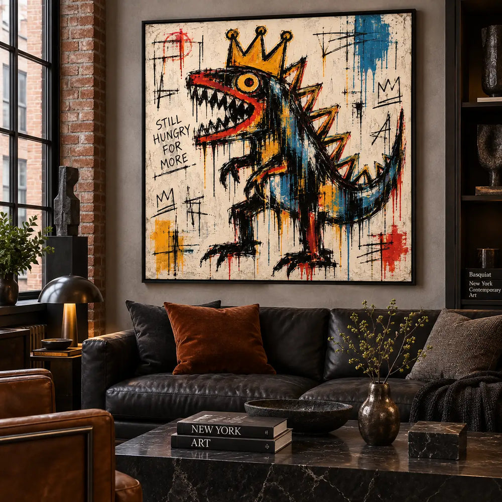 Still Hungry for a Crown: artwork above a black leather sofa beside brickwork and a dark marble table