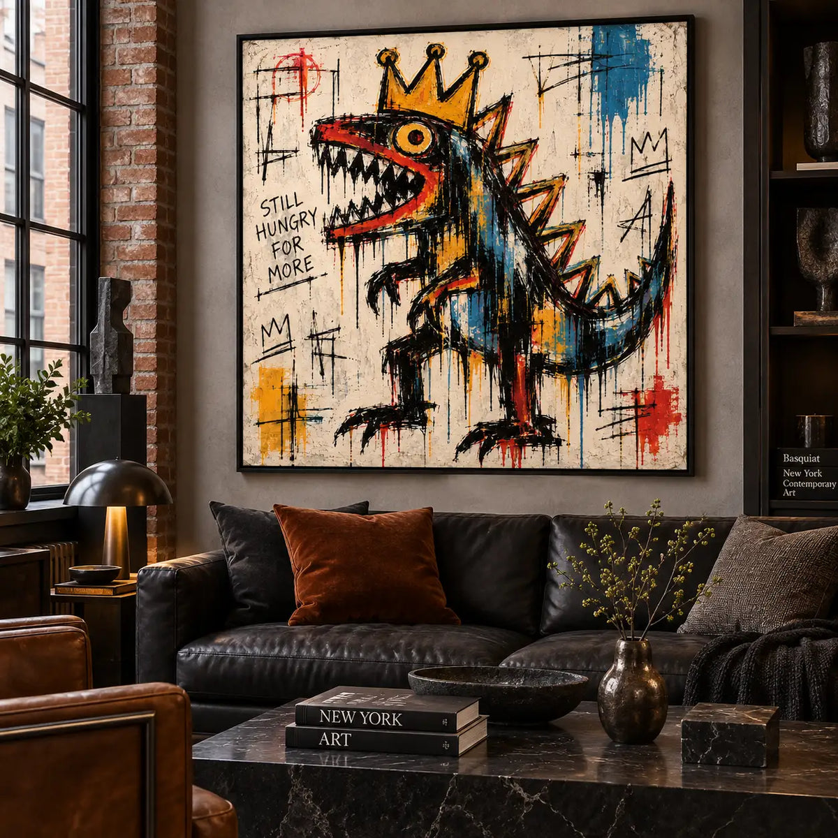 Still Hungry for a Crown: artwork above a black leather sofa beside brickwork and a dark marble table