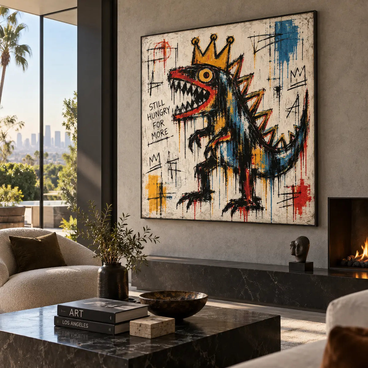 Still Hungry for a Crown: artwork on a pale stone wall above cream seating beside a terrace