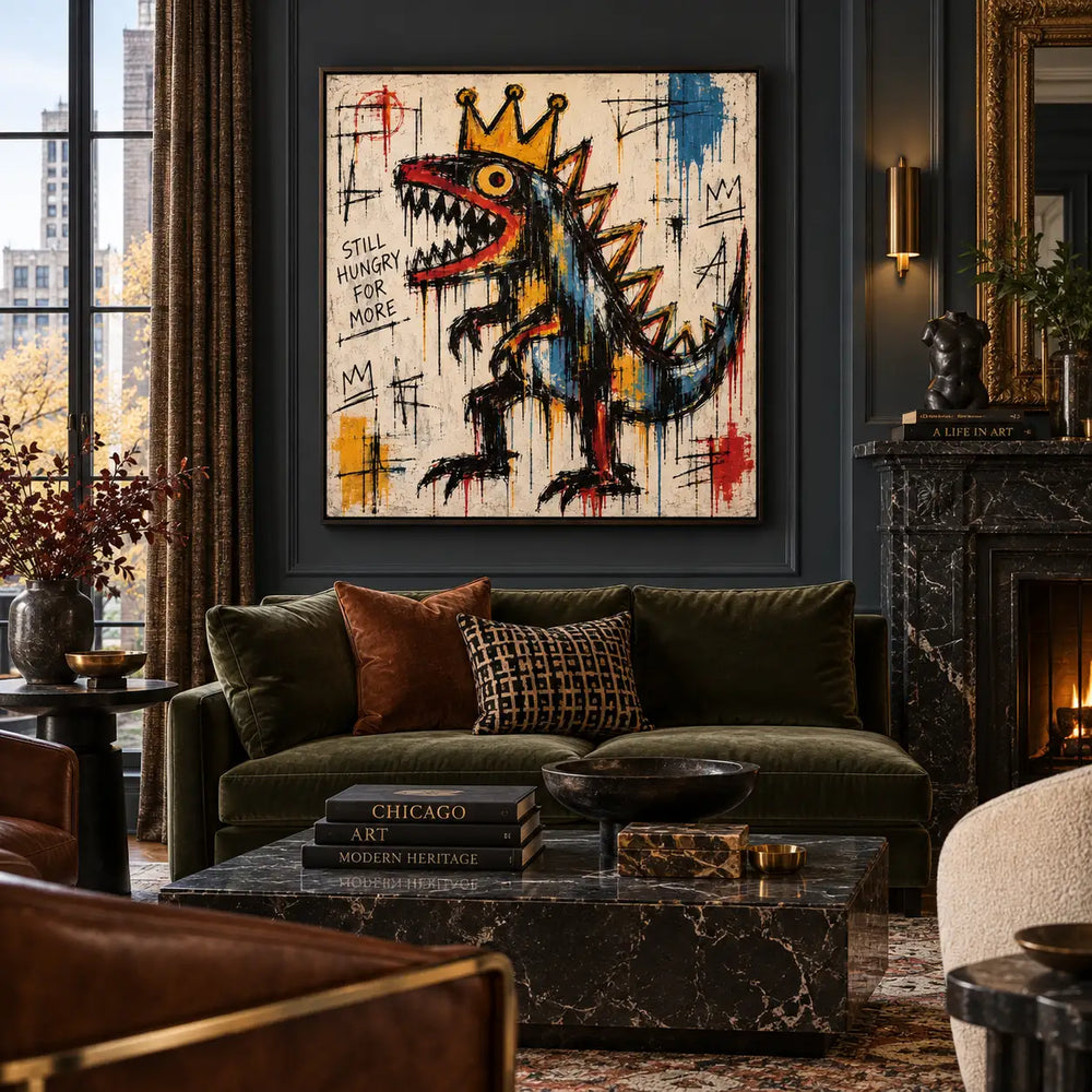 Still Hungry for a Crown: artwork above a green sofa on a dark paneled wall near a fireplace