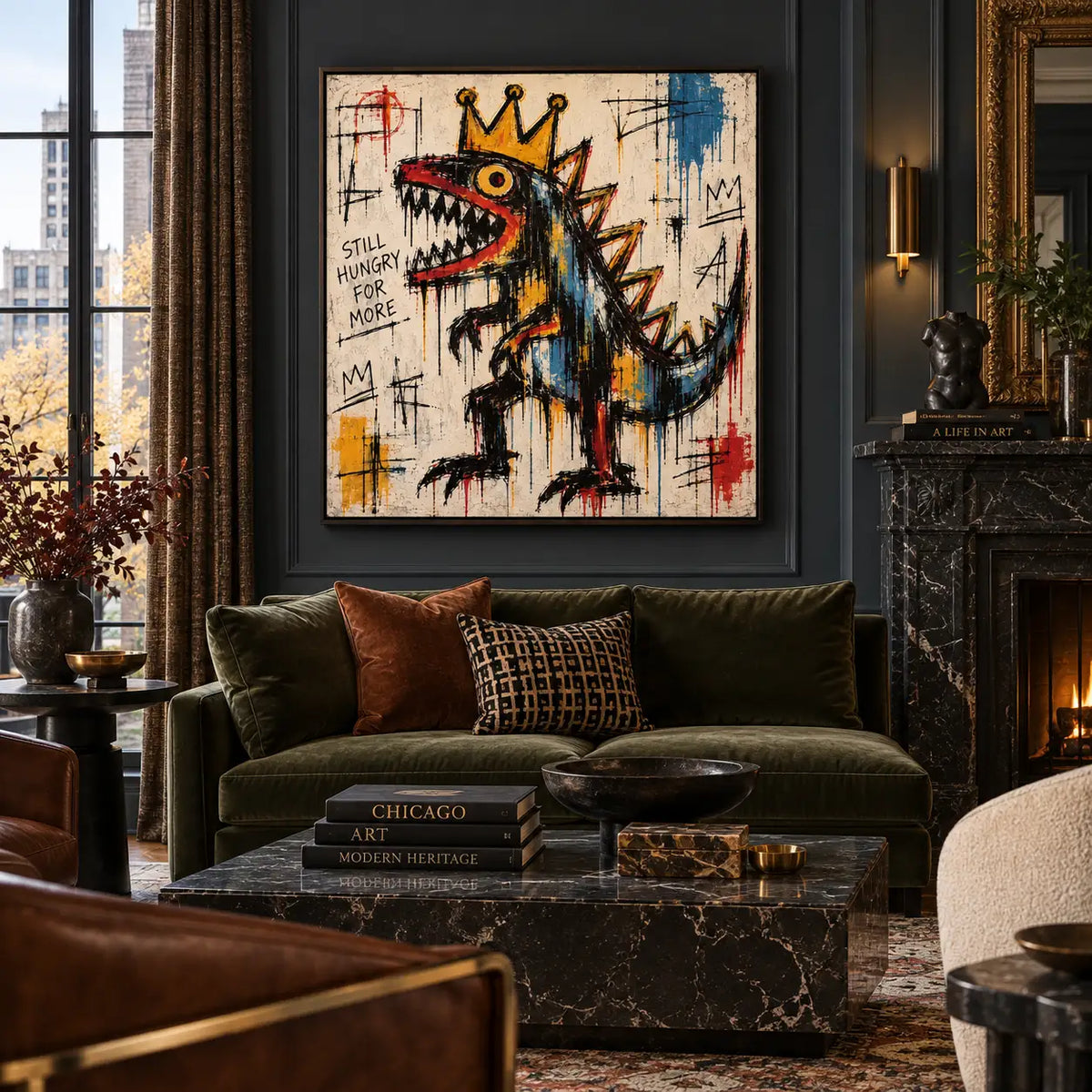 Still Hungry for a Crown: artwork above a green sofa on a dark paneled wall near a fireplace