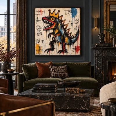Still Hungry for a Crown: artwork above a green sofa on a dark paneled wall near a fireplace