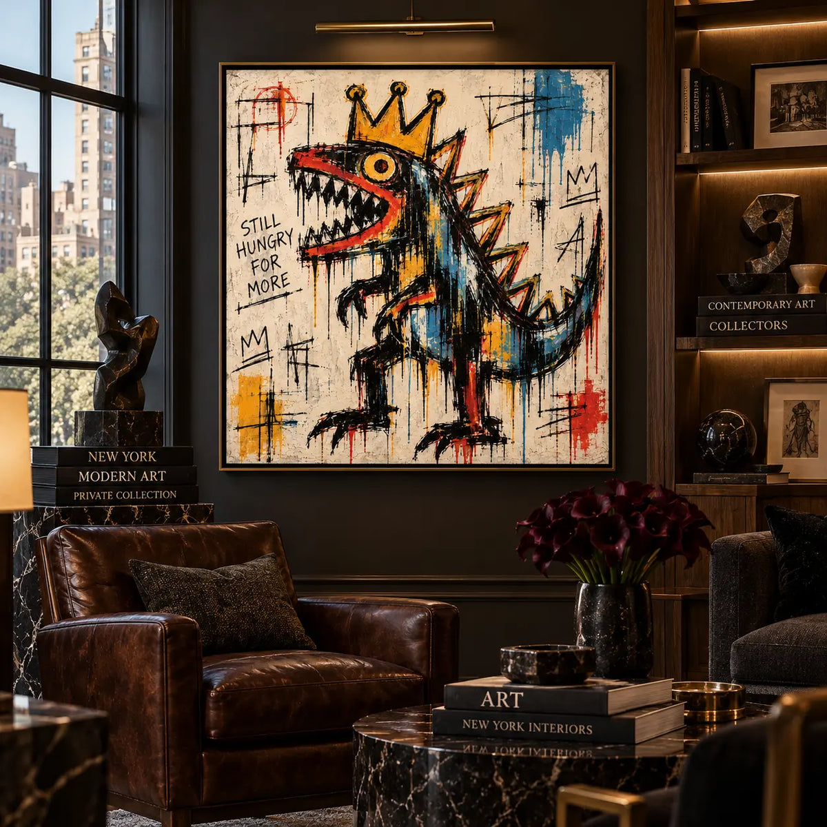 Still Hungry for a Crown: artwork above a brown leather sofa beside a brass dome lamp and lit shelves
