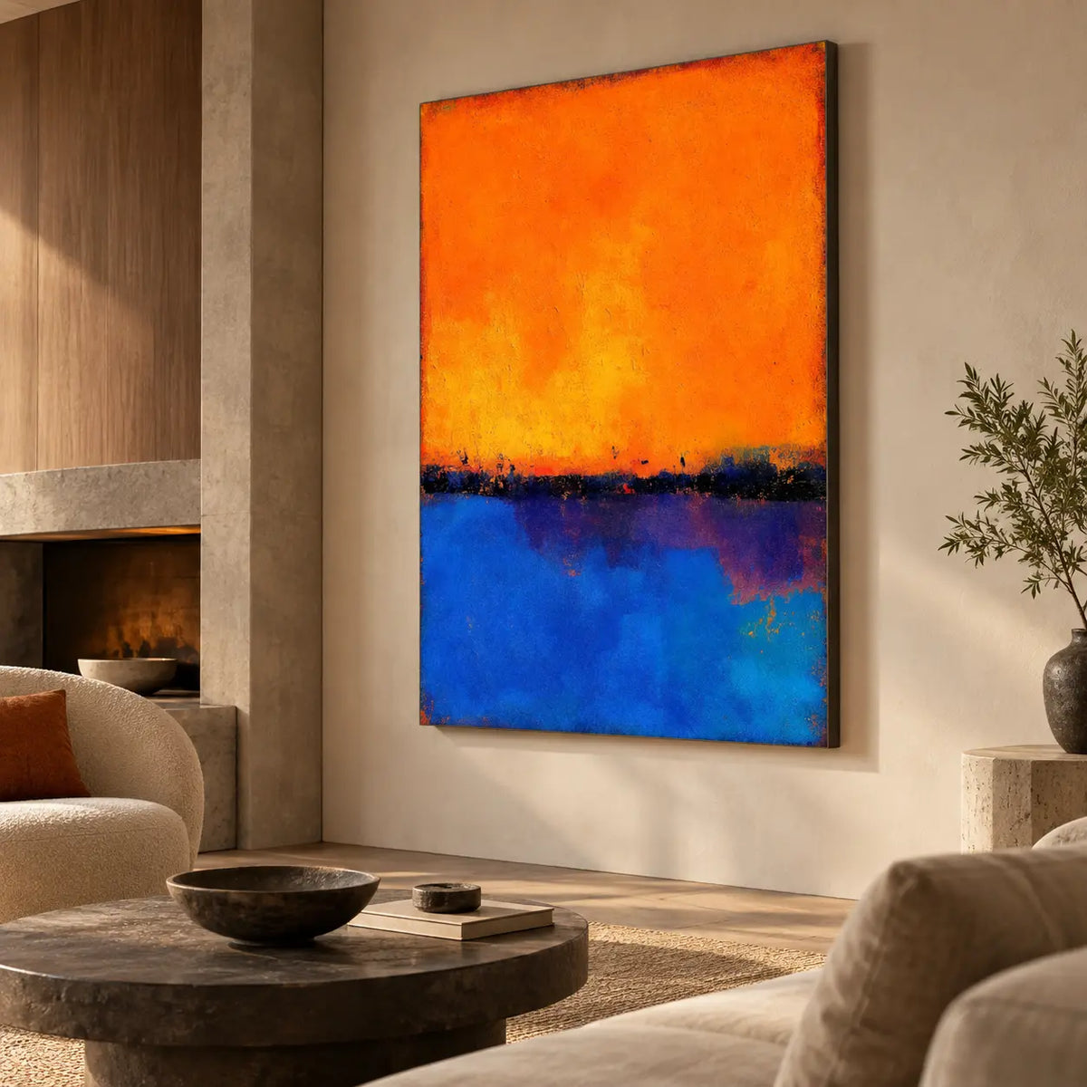 Tangerine over Ultramarine: viewed at an angle beside a fireplace and rounded seating
