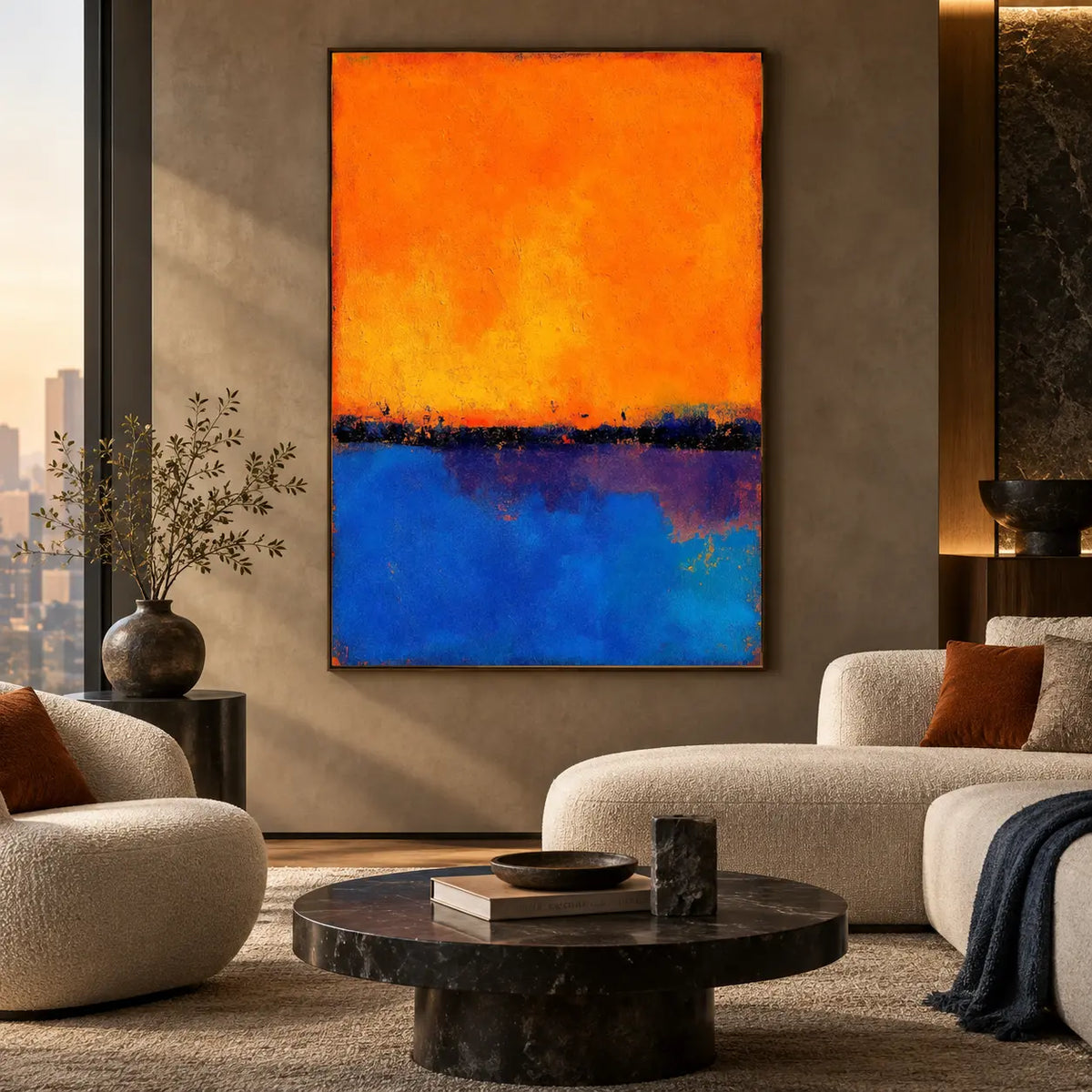 Tangerine over Ultramarine: between a city-view window and illuminated stone shelving
