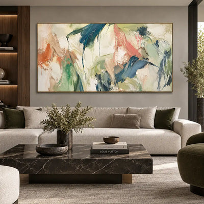 Teal Gestures Through Pale Air: above a cream sofa and marble table beside a dark green chair