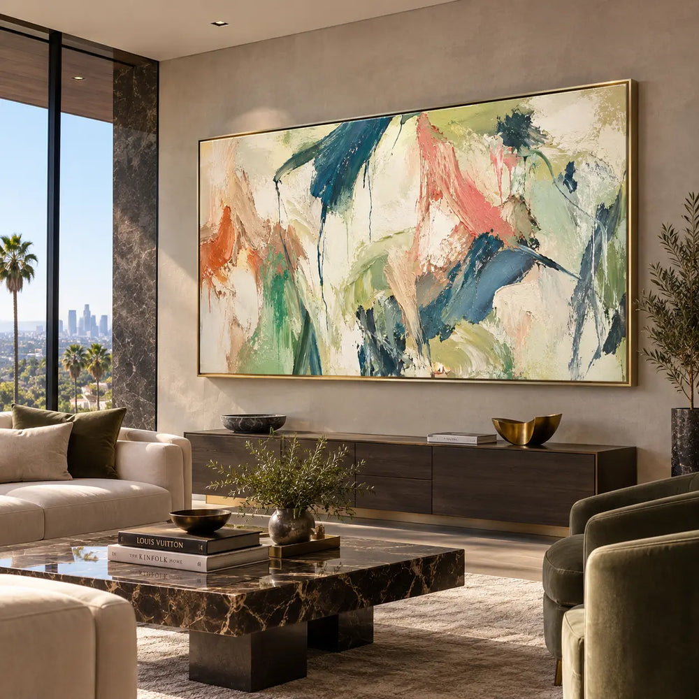 Teal Gestures Through Pale Air: above a long walnut console behind pale seating and a veined stone table