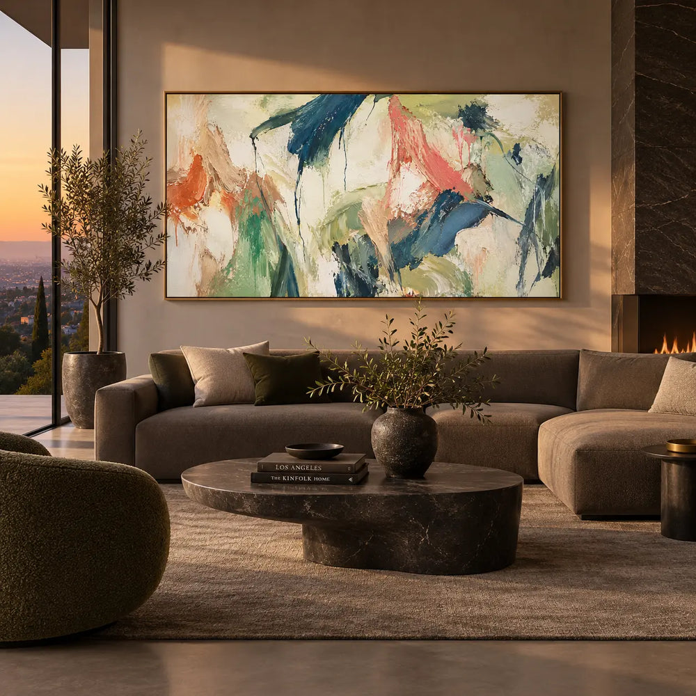 Teal Gestures Through Pale Air: above a taupe sectional beside a sunset view and oval table