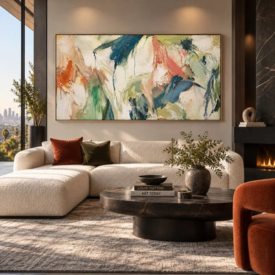 Teal Gestures Through Pale Air: above a cream sectional with rust and green cushions beside a fireplace