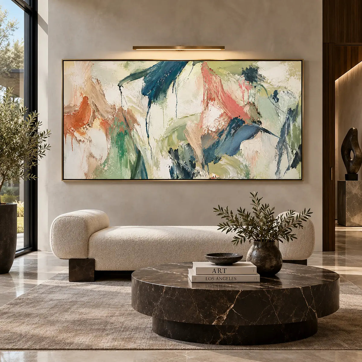 Teal Gestures Through Pale Air: beneath a picture light above a pale bench and round dark table