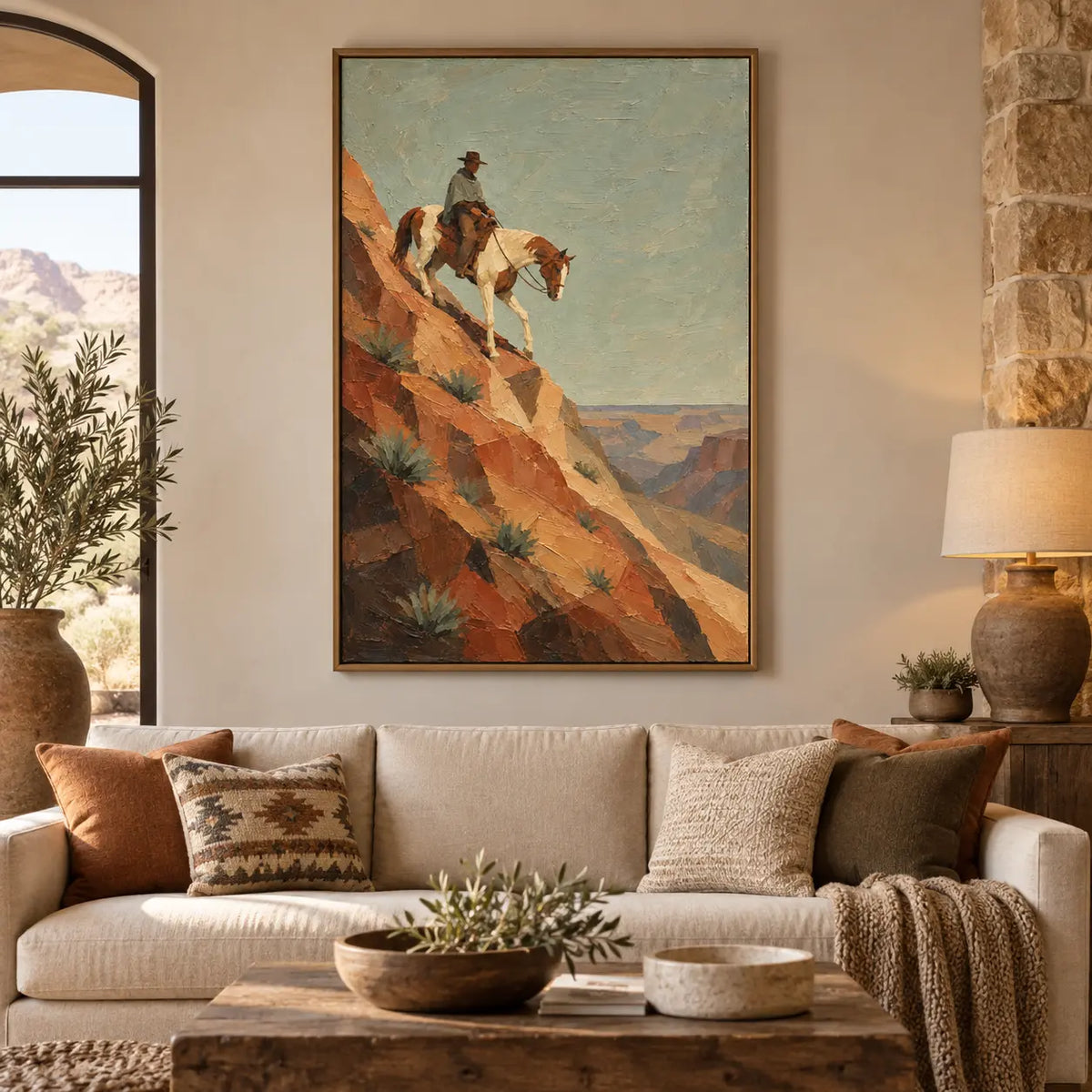 The Agave Descent: framed above a cream sofa with geometric and rust cushions