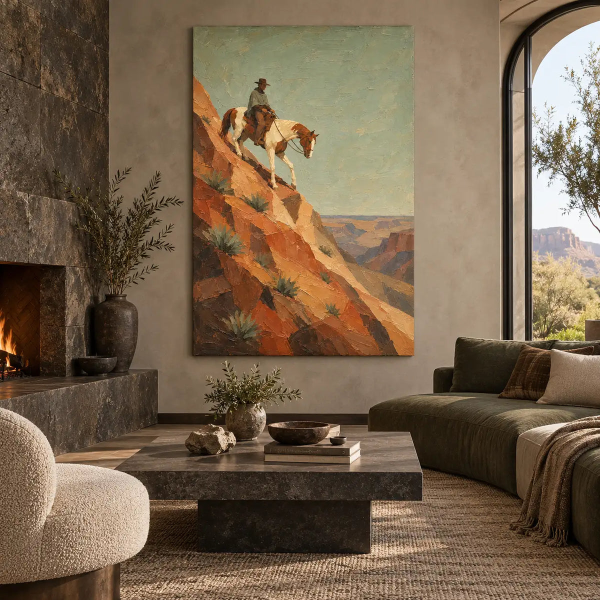 The Agave Descent: beside a dark stone fireplace and olive chaise