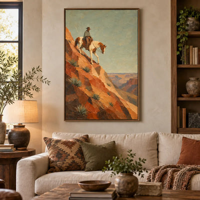 The Agave Descent: framed above a cream sofa beside a lit wood bookcase