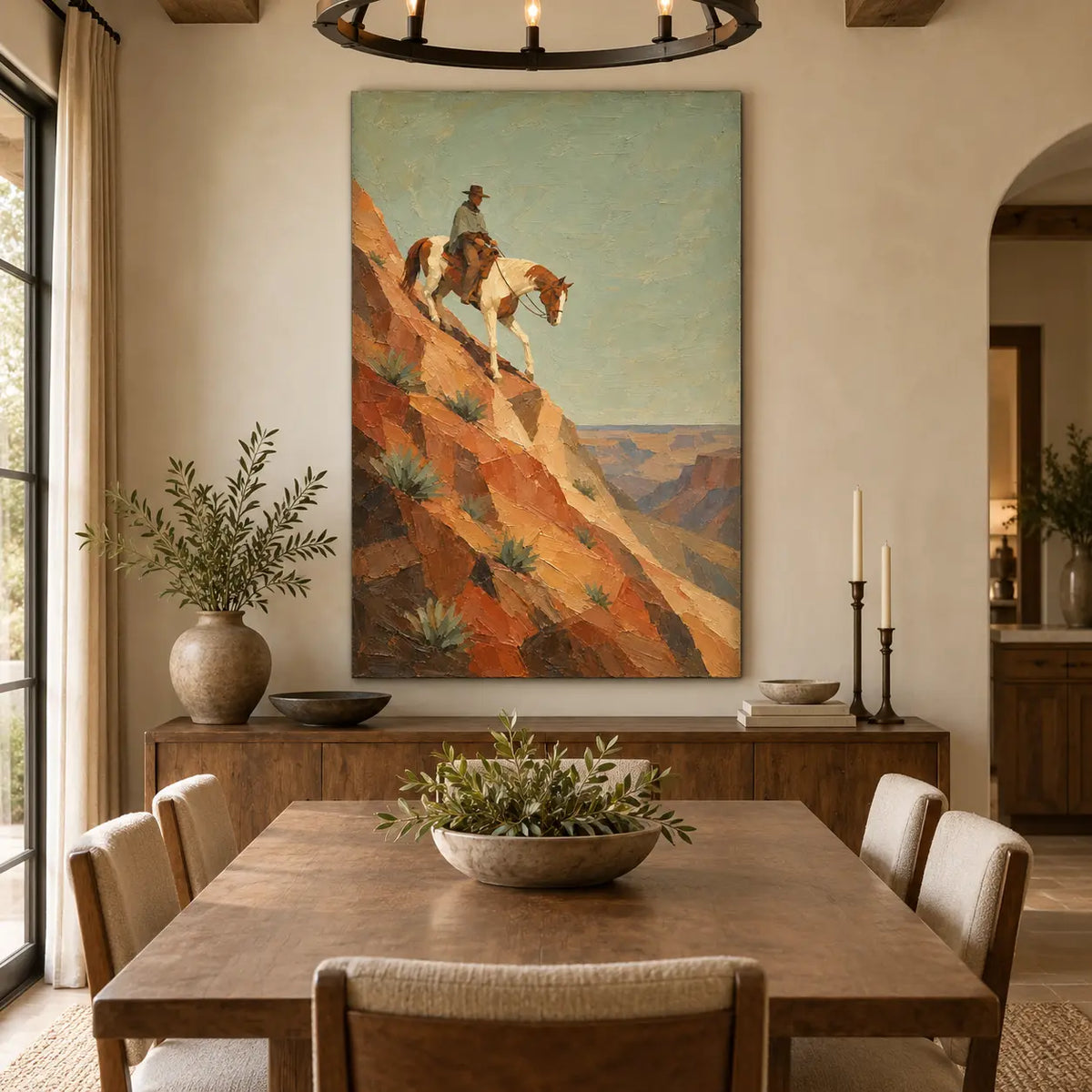 The Agave Descent: above a wood dining table beneath a black ring chandelier