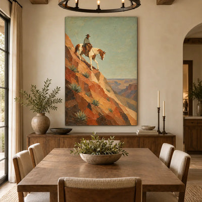 The Agave Descent: above a wood dining table beneath a black ring chandelier