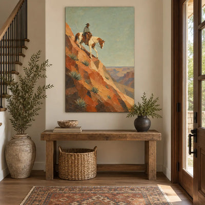 The Agave Descent: above a wood console with a basket below beside a glass paneled door