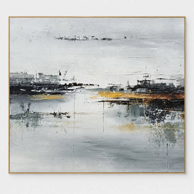 The Amber Quay: Dark harbor-like shapes flank pale water beside a long amber streak