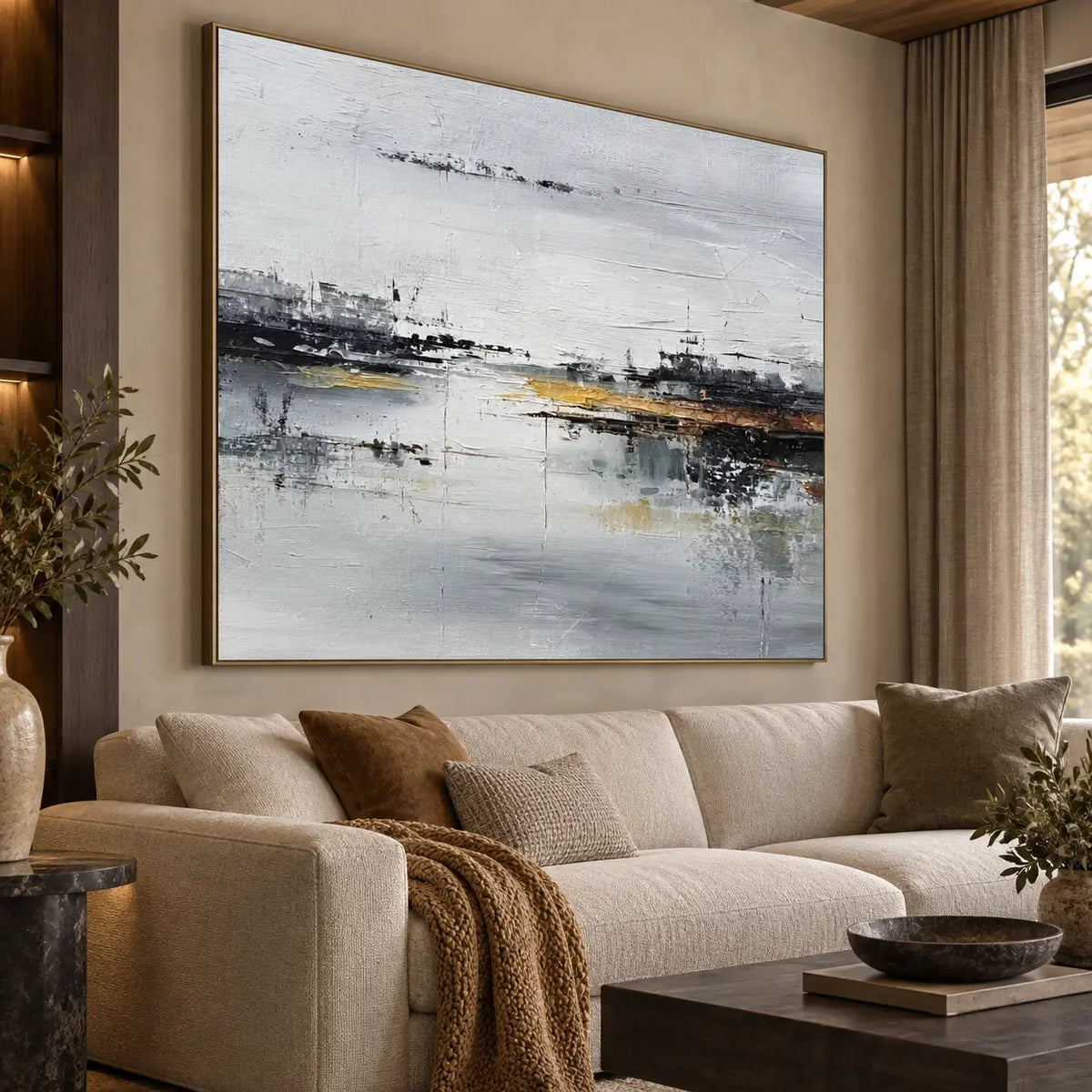 The Amber Quay: angled above a linen sofa with a mustard throw beside tall curtains