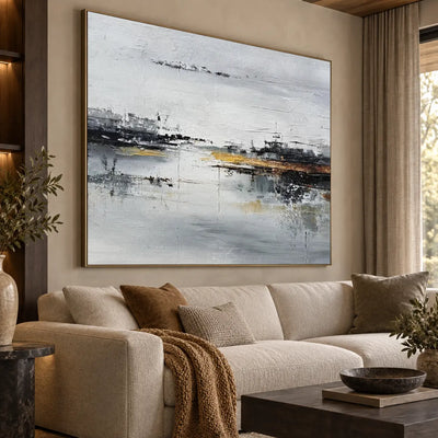 The Amber Quay: angled above a linen sofa with a mustard throw beside tall curtains