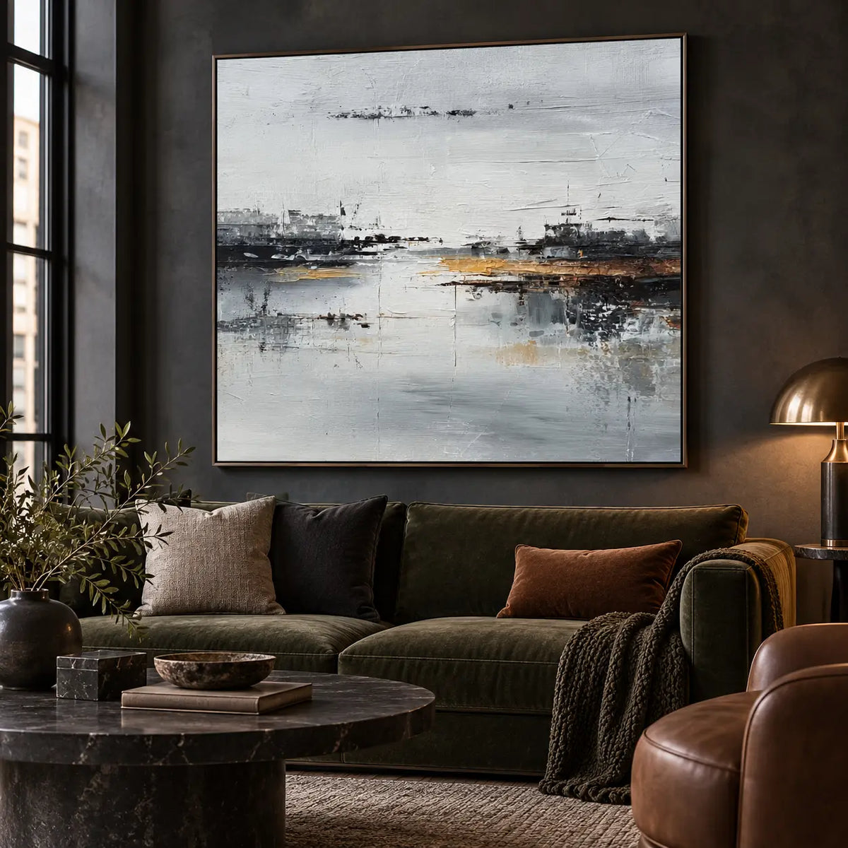 The Amber Quay: above an olive sofa with a rust cushion beside a bronze dome lamp