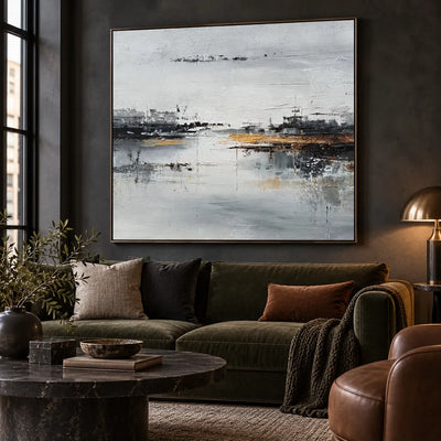 The Amber Quay: above an olive sofa with a rust cushion beside a bronze dome lamp