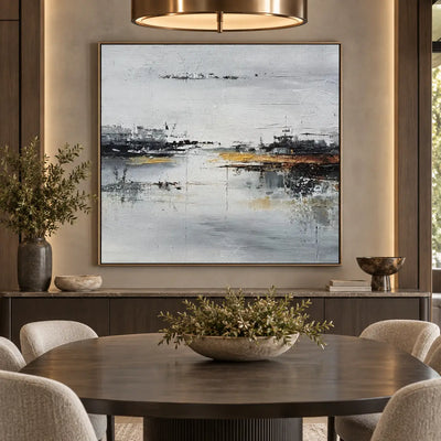 The Amber Quay: behind an oval wood dining table beneath a brass ring pendant