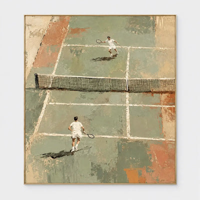 The Baseline Exchange: Two tennis players on a muted green court with terracotta borders