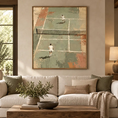 The Baseline Exchange above a cream sofa with olive cushions and a rectangular coffee table