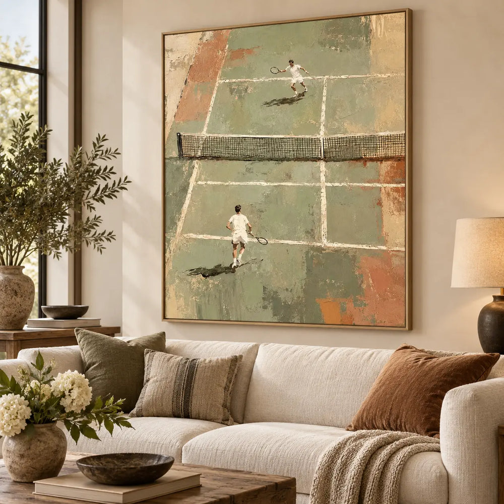 The Baseline Exchange above a sofa with rust cushions near a window and tall lamp