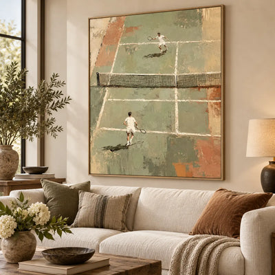 The Baseline Exchange above a sofa with rust cushions near a window and tall lamp