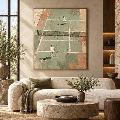 The Baseline Exchange above a curved ivory sofa with an olive throw and stone table