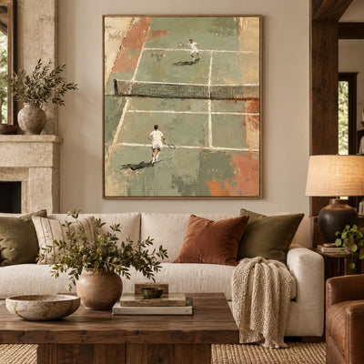 The Baseline Exchange above neutral seating beside a fireplace and dark wooden shelves