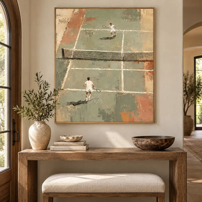 The Baseline Exchange above an entry console and upholstered bench near a warm arched hallway