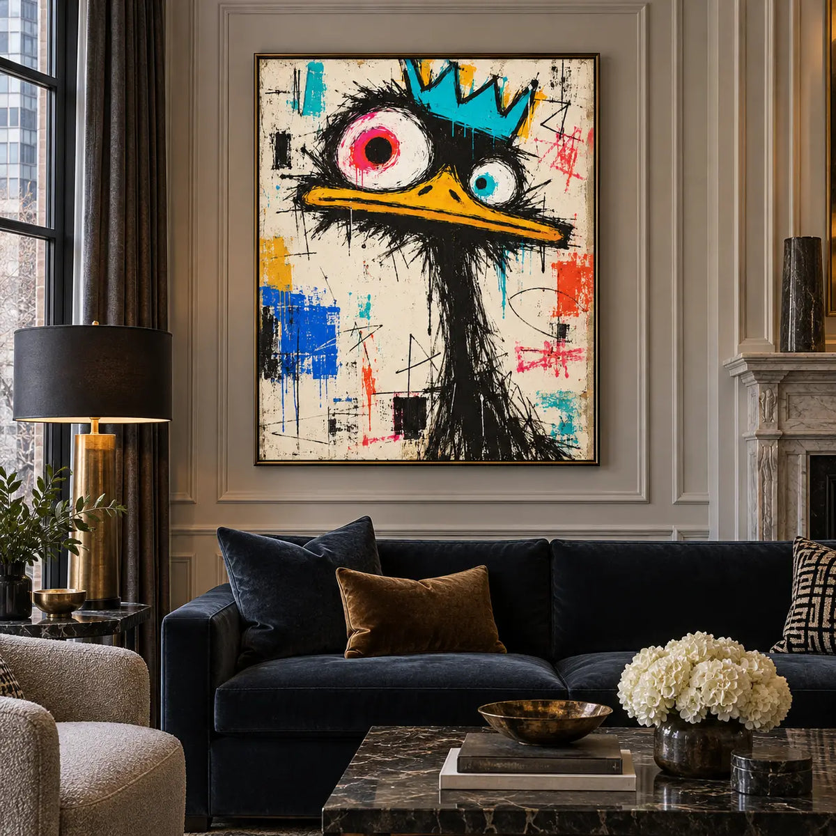 The Bird with Unequal Eyes: artwork above a navy sofa on a pale paneled wall near a black-shaded lamp