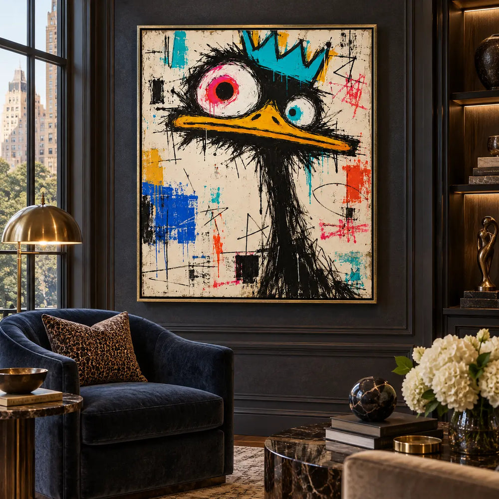 The Bird with Unequal Eyes: artwork beside a navy chair and brass dome lamp in a dark paneled sitting room