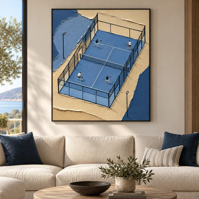 The Blue Court Quartet: above a cream sectional with navy pillows near a coastal window