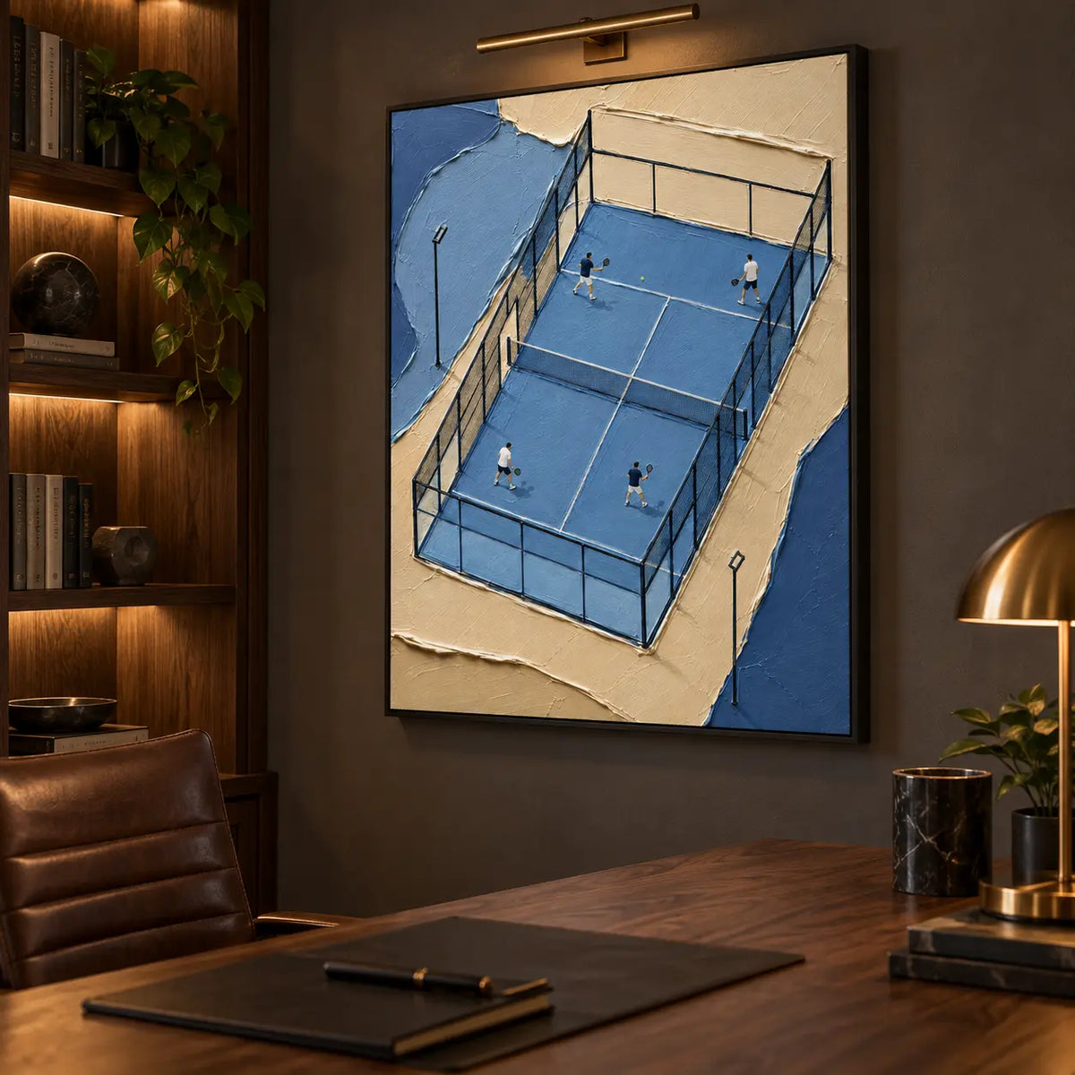 The Blue Court Quartet: above a dark wood desk under a brass picture light
