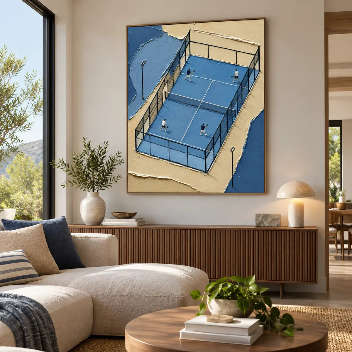 The Blue Court Quartet: above a fluted wood sideboard behind a cream chaise