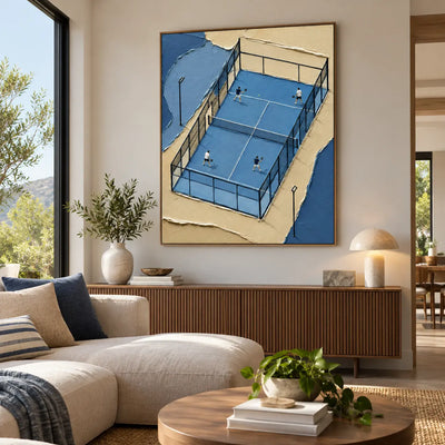 The Blue Court Quartet: above a fluted wood sideboard behind a cream chaise