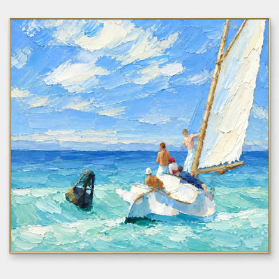 The Blueward Turn: Figures aboard a white sailboat crossing turquoise waves