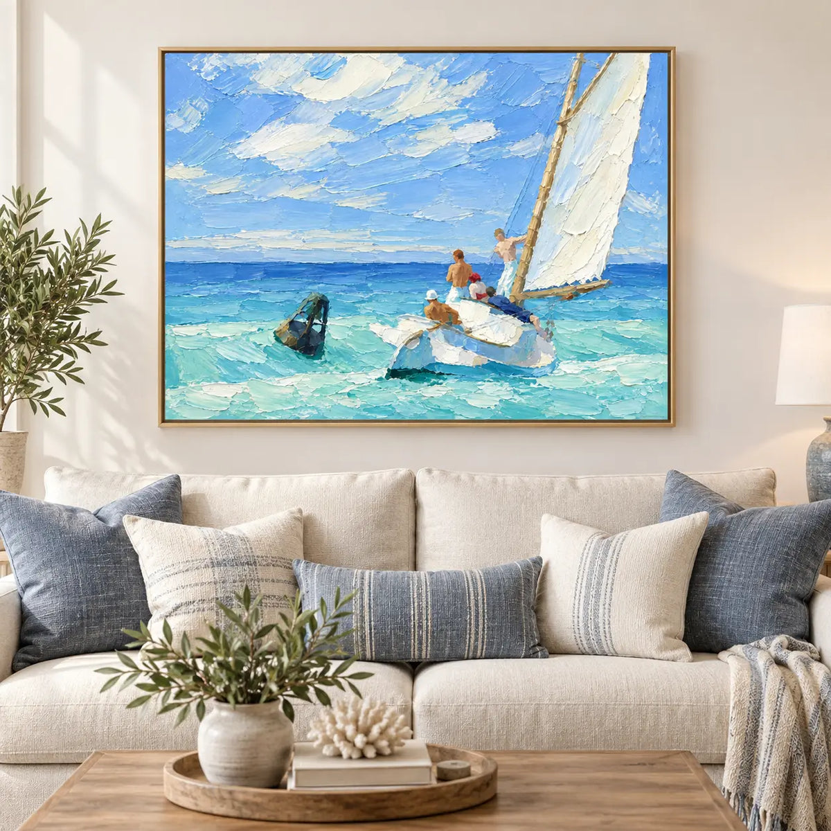 The Blueward Turn above a white sofa with blue cushions and a coral ornament on a round tray