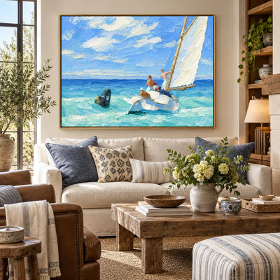 The Blueward Turn above a coastal sofa with patterned cushions and flowers on a wood table