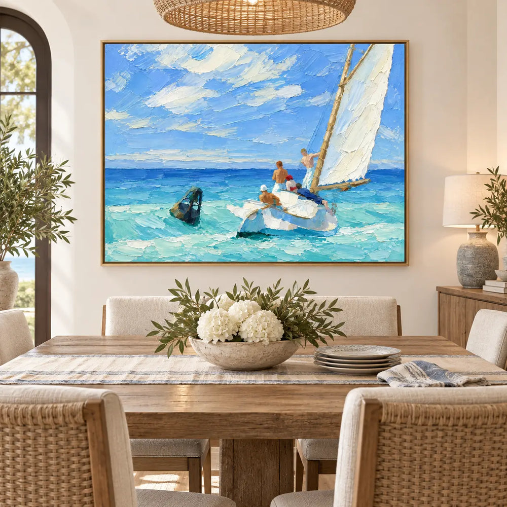 The Blueward Turn above a dining table with white flowers and a woven pendant