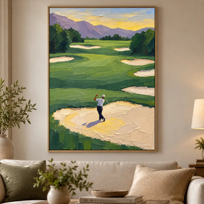 The Bunker Below the Peaks: framed above a cream sofa with olive and beige cushions