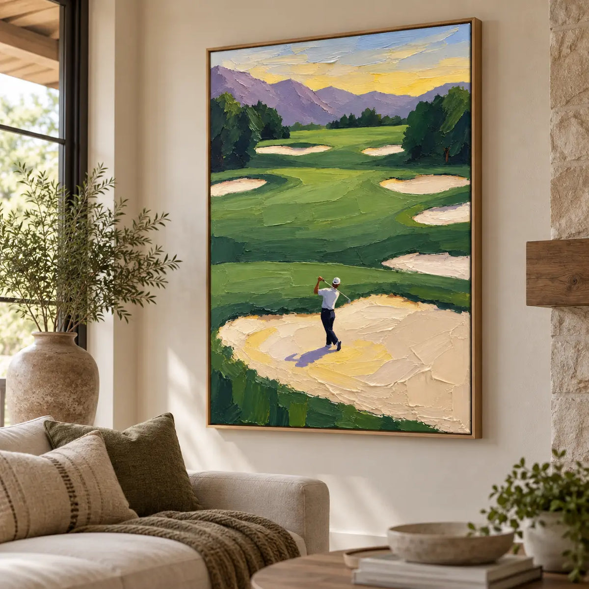 The Bunker Below the Peaks: angled beside a stone fireplace above a cream sofa