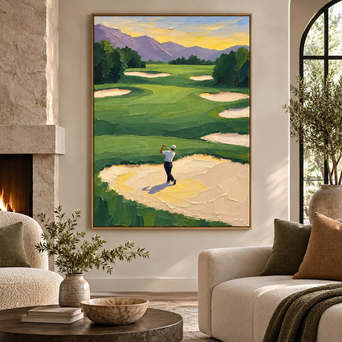 The Bunker Below the Peaks: between a stone fireplace and arched black window
