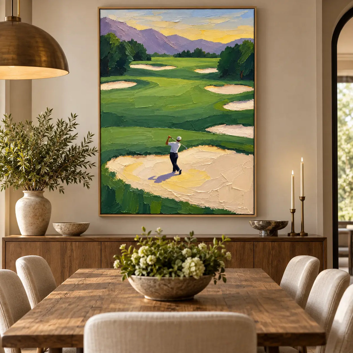The Bunker Below the Peaks: above a dining sideboard with brass candlesticks and a brass pendant