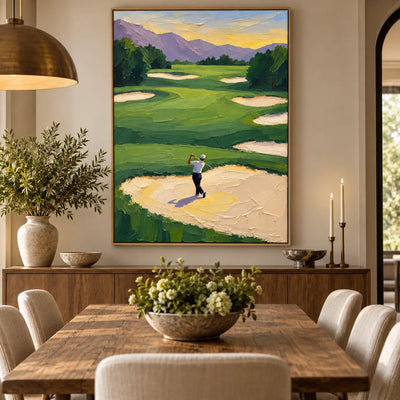 The Bunker Below the Peaks: above a dining sideboard with brass candlesticks and a brass pendant