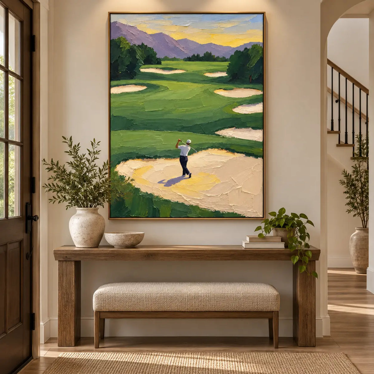 The Bunker Below the Peaks: above an entry console with a cream bench and trailing plant